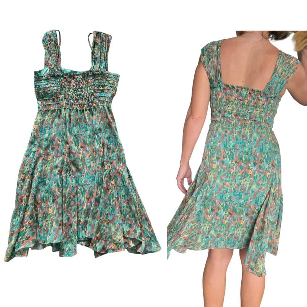 Watercolor Floral Smocked Asymmetrical Dress XS Green Boho Cottagecore Fairycore